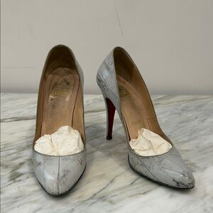 Christian Louboutin Light Gray Patent Pointed-Toe Pumps with Red Soles